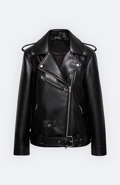 Sorry to all your other leather jackets, because this one wins. The Celine Vegan Leather Moto Jacket features the perfect oversized fit to make you look and feel like the ultimate cool girl. Pair it with your favorite white tank and baggy jeans to instantly elevate your everyday look. COLOR: BLACK DETAILS Faux leather fabric Biker style Oversized fit Asymmetric front zipper fastening Double point collar Lapels on shoulders Zip pockets and cuffs Belted hem with buckle closure Silver hardware Full Designer Leather Jackets, Designer Jackets, Chic Leather, Faux Leather Fabric, Fashion Board, Leather Jacket Black, Leather Moto, Leather Moto Jacket, Biker Style