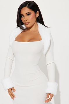 Available In Black And Ivory. Sweater Midi Dress Long Sleeves Faux Fur Collar And Cuffs Stretch Body: 80% Rayon 20% Polyester Faux Fur: 100% Polyester Imported | Shilah Faux Fur Sweater Midi Dress in Ivory size Medium by Fashion Nova Sweater Midi Dress, Faux Fur Sweater, Fur Sweater, Ivory Sweater, Sweater Jumpsuit, Dress Long Sleeves, Sweater Dress Midi, Faux Fur Collar, Long Sleeve Midi Dress