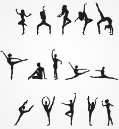 various silhouettes of people doing different things on a white background with the words dance written below them