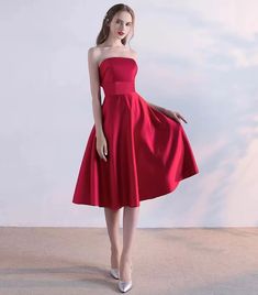 Strapless Summer Evening Bridesmaid Dress, Strapless Bridesmaid Dress For Summer Party, Summer Strapless Bridesmaid Dress For Party, Strapless Bridesmaid Dress For Summer Evening, Red Strapless Evening Dress For Bridesmaid, Tea Length Evening Dress For Prom Season, Strapless Midi Dress For Banquet, Tea Length Evening Dress For Cocktail And Prom, Red Knee-length Evening Dress For Prom Season