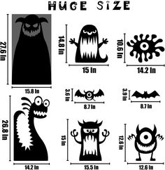 the size and measurements of various monsters for children's wall art projects, including one with