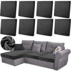 the sectional sofa is in front of nine square black squares on a white background with a gray throw pillow