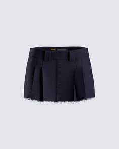 This navy mini skirt is a versatile wardrobe essential that will always slay 😌 Made from twill fabric and complete with a mid-rise fit, pleats, and a raw edge hem for an edgy and chic look 💙 Cotton Mini Length Skort For Night Out, Chic Fitted Shorts With Frayed Hem, Fitted Short Skirt With Frayed Hem, Cotton Mini Skort For Night Out, Fitted Skirt With Frayed Hem In Short Length, Edgy Short Pleated Skirt, Edgy Short Cotton Skirt, Chic Short Skirt With Frayed Hem, Trendy Short Pleated Skirt For Work