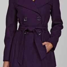 New - Never Worn Via Spiga Women’s Purple Wool Blend Double-Breasted, Notched Collar Coat Features Contemporary Fit And Is Fully Lined. - Size 14 - Notch Collar - Long Sleeves - Double Breasted Button Front Closure -Button Shown Pic 2 - Self-Tie Belted Waist - 2 Hip Pockets That Blend Into Seaming - Shoulder Yoke Flap Detail - Pleated Detailing (Makes For A Nice Swing Look And Very Flattering) - Back Split Vent Shell: 60% Wool, 30% Polyester, 10% Viscose Lining: 100% Polyester Care: Dry Clean Elegant Purple Double-breasted Blazer, Fitted Belted Pea Coat For Office, Elegant Purple Outerwear With Buttons, Elegant Purple Blazer For Fall, Elegant Purple Fall Blazer, Purple Notch Lapel Outerwear For Fall, Fitted Belted Pea Coat, Elegant Long Sleeve Purple Outerwear, Chic Purple Outerwear For Work