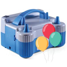 a blue and gray lunch box with balloons