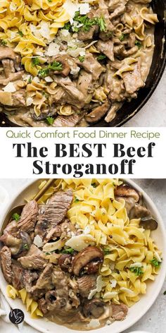 the best beef stroganoni recipe in a skillet with text overlay