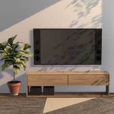 a living room with a large television on the wall and a potted plant next to it