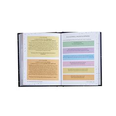 an open book with different colored papers on the pages and one page in the middle