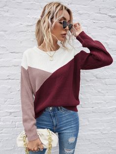 Color Block Drop Shoulder Sweater | EMERY ROSE Hipster Sweater, Drop Shoulder Sweaters, Dressy Casual, Winter Sweaters, Trendy Fashion Women, Knitted Sweater, Knitwear Women, Blue Fashion, Colorful Sweaters