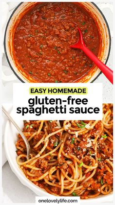 spaghetti sauce in a bowl with the words easy homemade gluten - free spaghetti sauce