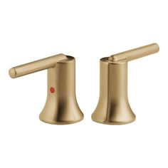 two brass faucets with red dots on the handles