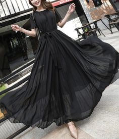 Black chiffon long dress womens dressFabric: chiffonColor: blackSize(cm): S, M, L, XL, 2XLS length 115cm bust any waist anyM length 120cm bust any waist anyL length 125cm bust any waist any&ltp&gtXL length 130cm bust any waist any&lt/p&gt&ltbr/&gt&ltp&gt2XL length 135cm bust any waist any&lt/p&gt&ltbr/&gt Black Chiffon Gown, Korean Gowns Dresses Black, Vintage Chiffon Dress, Chic Black A-line Chiffon Dress, Elegant Long Chiffon Dress For Spring, Evening Short Sleeve Chiffon Maxi Dress, Chiffon A-line Maxi Dress For Casual Occasions, Casual Chiffon A-line Maxi Dress, Elegant Summer Maxi Chiffon Dress