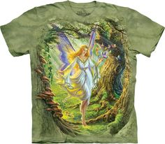 a green t - shirt with an image of a fairy holding a wand in the woods