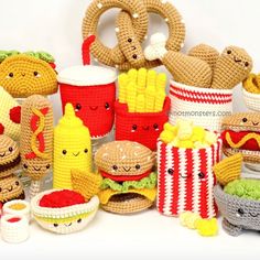 crocheted hamburgers, hotdogs, corn on the cob and other food items