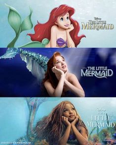 the little mermaid movie poster is shown in three different colors