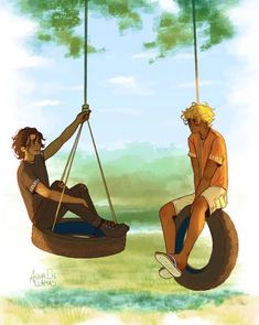 two people are sitting on swings in the grass and one is holding onto another person's leg