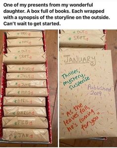 two pictures of bags with writing on them, and the same bag has been wrapped in brown paper