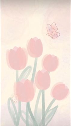 pink tulips and a butterfly on a white background with watermarked paper