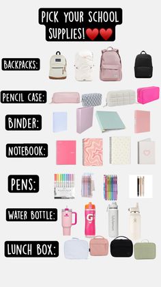 the back to school supplies list is shown in black, white, and pink colors