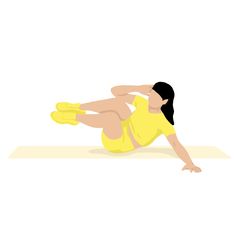 a woman in yellow shirt and shorts doing push ups on the floor with one leg up