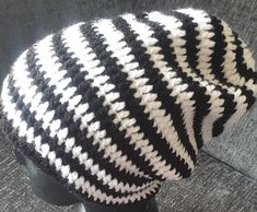 chunky crochet black and white striped beanie Crochet Black And White, Slouchy Hats, Striped Beanie, Crochet Black, Chunky Crochet, Slouchy Hat, Caps Hats, White Stripe, Accessories Hats