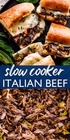 slow cooker italian beef sandwiches on a plate with spinach leaves and other ingredients