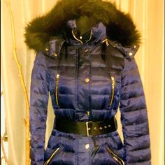 Alluring Metallic Navy Blue; 50% Down; 50% Weatherproof Feathers; Black Accent Buckle Belt, And Black Fur Trim Removable Hood. Front Hidden Zipper With Snap Cover Closure, Zipper Accent Sleeve Cuff, And 4 Front Pockets Made Of Goldtone Hardware. Soo Pretty And Well Structured, Warm, Soft And Cozy Coat. Fitted Zara Outerwear For Cold Weather, Designer Fitted Outerwear With Faux Fur Trim, Fitted Luxury Zara Outerwear, Zara Luxury Fitted Outerwear, Luxury Fitted Zara Outerwear, Cozy Coats, Sleeve Cuff, Zara Jackets, Zara Woman