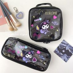 Sanrio Kuromi 2 Piece Cosmetic Bag Set Black Square Bag & Rectangular Brush Bag Semi-Transparent Tops On Bags Zipper Closures Pvc Sanrio, Kuromi, Cosmetic, Bag, Kawaii, Little Devil Kuromi Pencil, Sanrio Melody, Mini Makeup Bag, Large Stuffed Animals, Pink Monkeys, Cinnamoroll Kuromi, Hello Kitty Makeup, Clear Makeup Bags, Cosmetic Bag Set