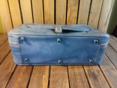 Vintage Distressed Wornout Blue Suitcase. Measurements are 22.5x16x6 inches. Blue Rectangular Business Cases, Blue Rectangular Briefcase With Luggage Sleeve, Blue Travel Briefcase Rectangular Shape, Vintage Denim Blue Travel Bag, Vintage Blue Travel Satchel, Vintage Luggage With Sleeve, Vintage Samsonite Luggage Set, Blue Suitcase, Suitcases