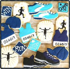 cookies decorated to look like running shoes and hats