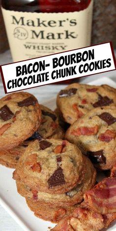 bacon - bourbon chocolate chunk cookies on a white plate