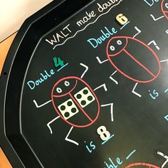 a close up of a black board with numbers and dices on the back side