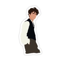 a sticker with an image of a man in black vest and white shirt on