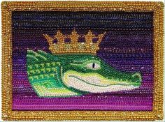 an image of a crocodile with a crown on it's head and purple background