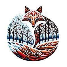 a fox is standing in the middle of a forest with trees and snow on it