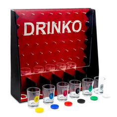 the drink glasses are lined up in front of the sign that says drinko on it