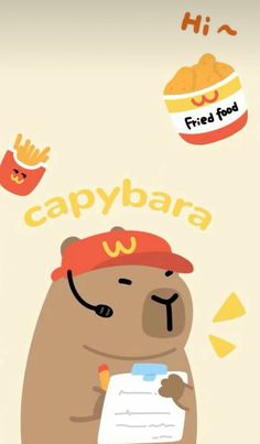 a cartoon bear holding a piece of paper with the words cappybar on it