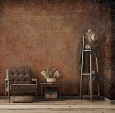 a room with a chair, table and hat on the wall next to an old ladder