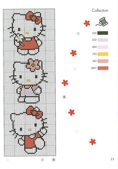 a cross stitch pattern with an image of hello kitty on the side and red flowers