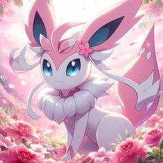 a pink and white animal with big blue eyes standing in the middle of some flowers