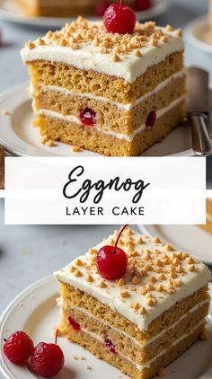 eggnog layer cake with white frosting and cherries