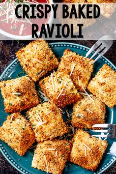 crispy baked ravioli on a blue plate with silverware