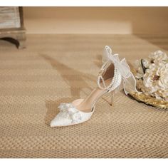 LBSFY - Size 31-43 Pearls Chain Bow High Heels Women's Stiletto Heel Pointed Toe White Bridal Shoes White Wedding Shoes White Closed Toe Wedding Shoes For Banquet, White Closed Toe Heels For Banquet, White Closed-toe Wedding Shoes For Banquet, White Pointed Toe Heels For Banquet, White High Heel Wedding Shoes For Banquet, Elegant White High Heel Wedding Shoes, Elegant White Heels For Banquet, White High Heels For Ceremony, White Bridal Shoes