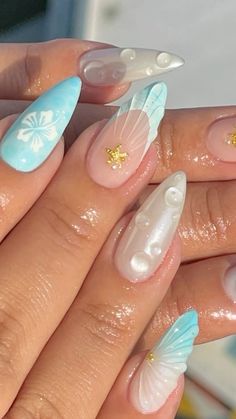 Ongles Baby Blue, Beach Themed Nails, Vacation Nails Beach, Mermaid Nail Art, Seashell Nails, Beachy Nails, Summer Nails Beach, Baby Blue Nails, Nagellack Trends