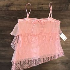 Brand New! Pink Lace Tank With Silk Detail Pink Lace Top, Pink Lace Shirt, Pink Tools, Pink Lace Tops, Vintage Floral Top, Laced Up Shirt, Lace Layers, Layering Tanks, Lace Ruffle