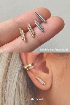 Pave style bar ear studs. micro mini earrings. classic studs in gold and silver. Suspender Earrings, Earrings Classic, Mini Earrings, Bar Studs, Micro Mini