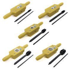 the front and rear parts of a yellow car door handle set with screwdrives