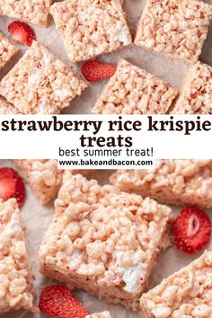 strawberry rice krispie treats with strawberries on top and the words, best summer treat