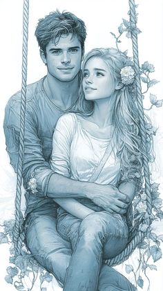 a drawing of a man and woman sitting on a swing with their arms around each other