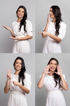 four different pictures of a woman making the peace sign with her hands and smiling at the camera